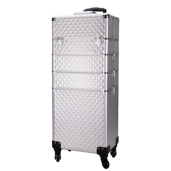 КОЗМЕТИЧЕН КУФАР XXXL 4в1 С КОЛЕЛЦА 3D РОМБ СРЕБРИСТ 95x25x35см